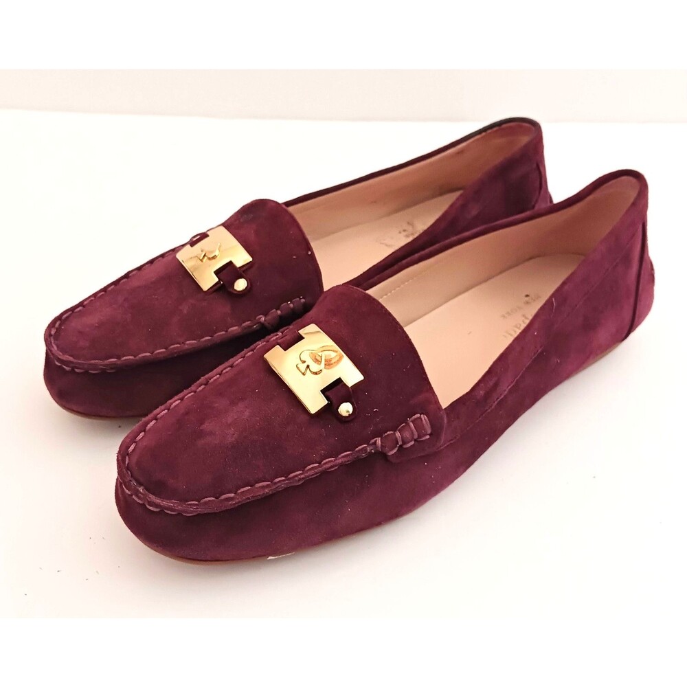 Kate Spade NY Carmen Cranberry Suede Loafer Gold Spade Logo Rubber Sole 8.5M